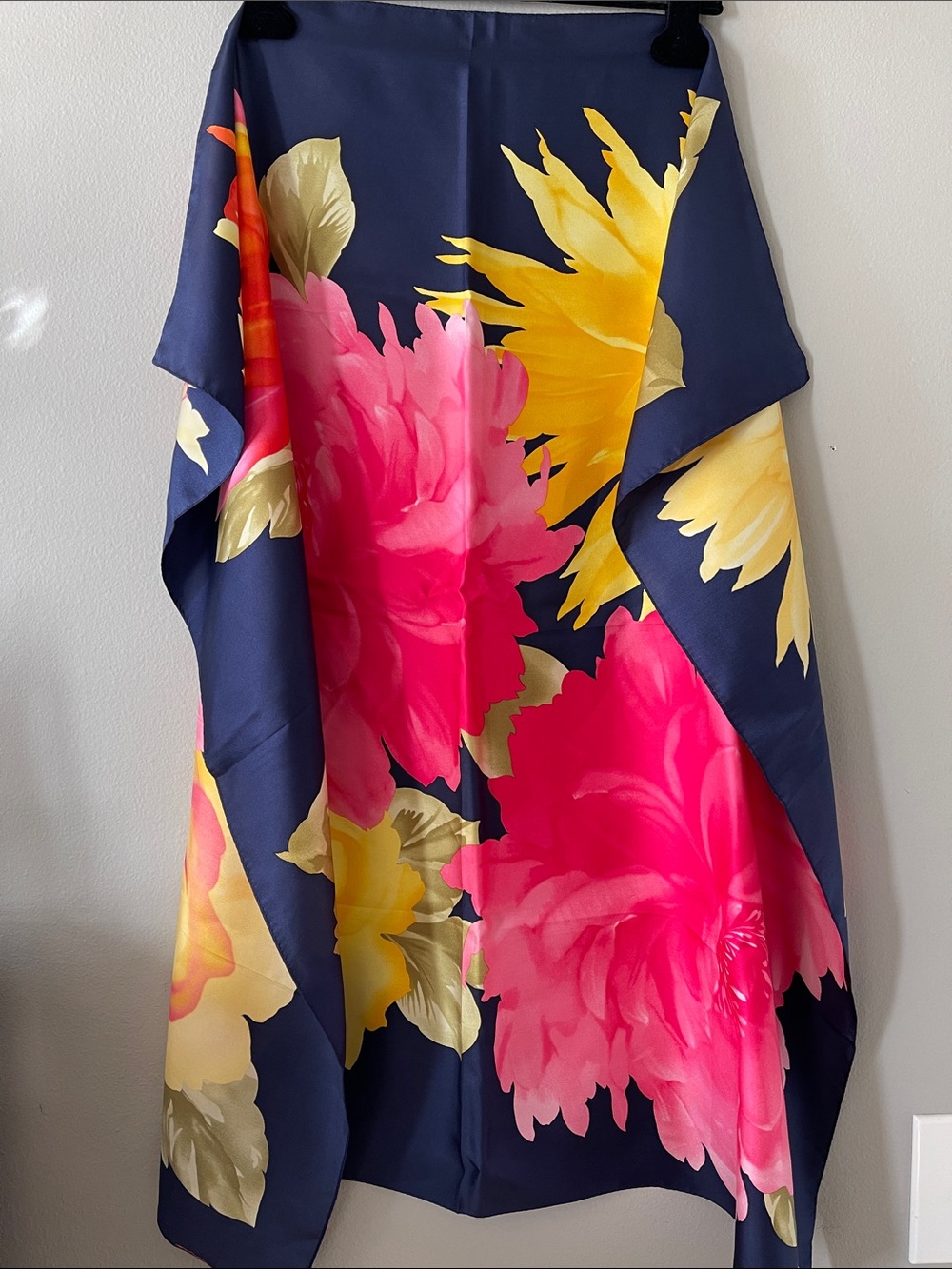 Oscar de la Renta Navy, Hot Pink & Yellow Floral Silk Scarf